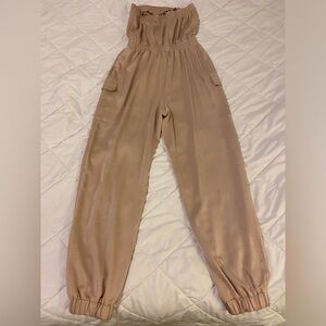 Xs petite satin jogger jumpsuit in soft blush color